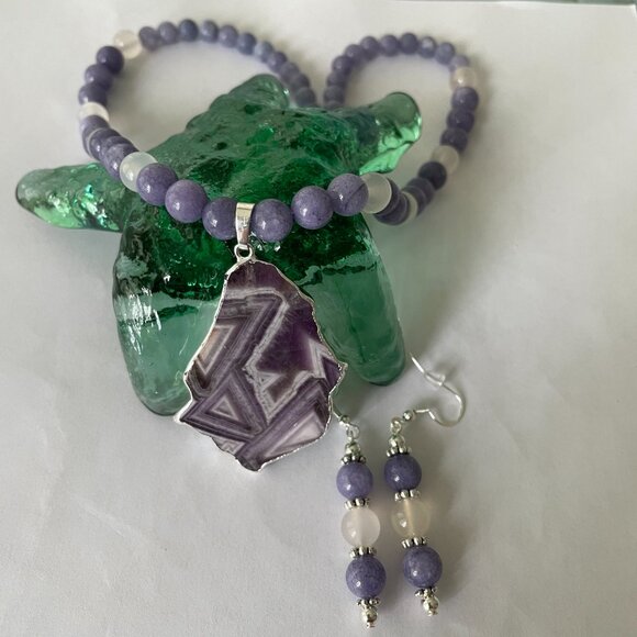 Amethyst Pendant Aquamarine and Agate Beads Necklace and Pierced Earring… - Picture 2 of 7